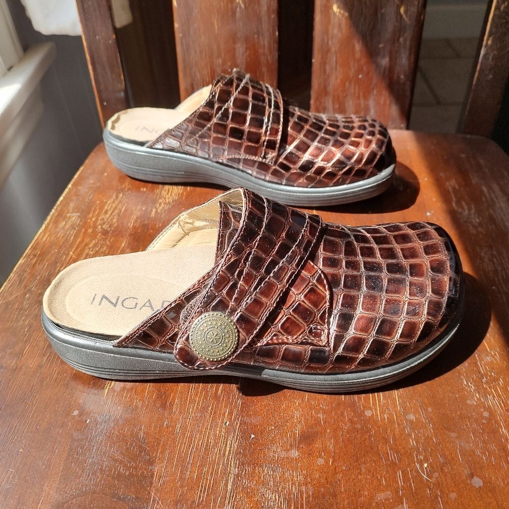 Ingaro Brown Croc Embossed Comfort Clogs Women’s Size 7M Slip On Mules - Picture 4 of 8